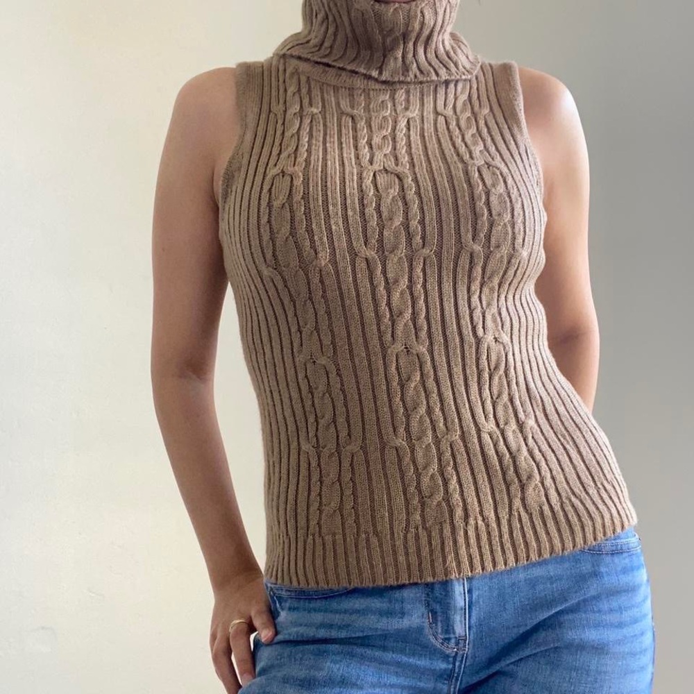 Vintage Designer Michelle Nicole Beige Wool Sleeveless Turtleneck Size Small